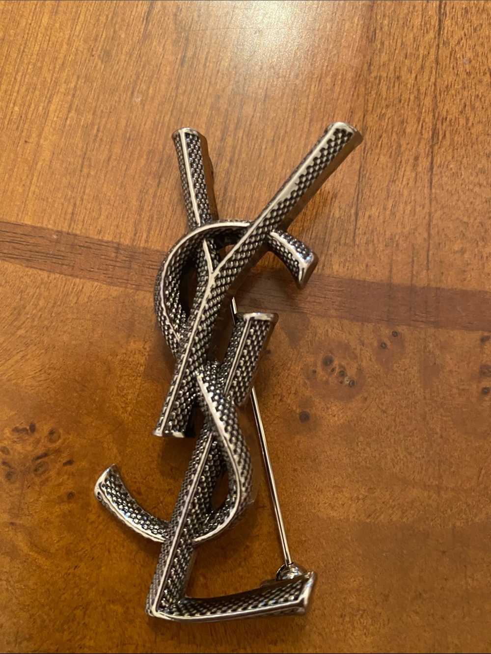 Yves Saint Laurent Interlocking Logo Lapel Pin - Silver Tone